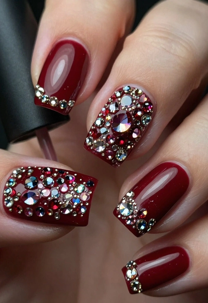 15 Stunning Red Nail Designs That Prove Cherry Red is Back in Style (#8 Will Blow Your Mind!) - 14. Cherry Red with Rhinestones 1