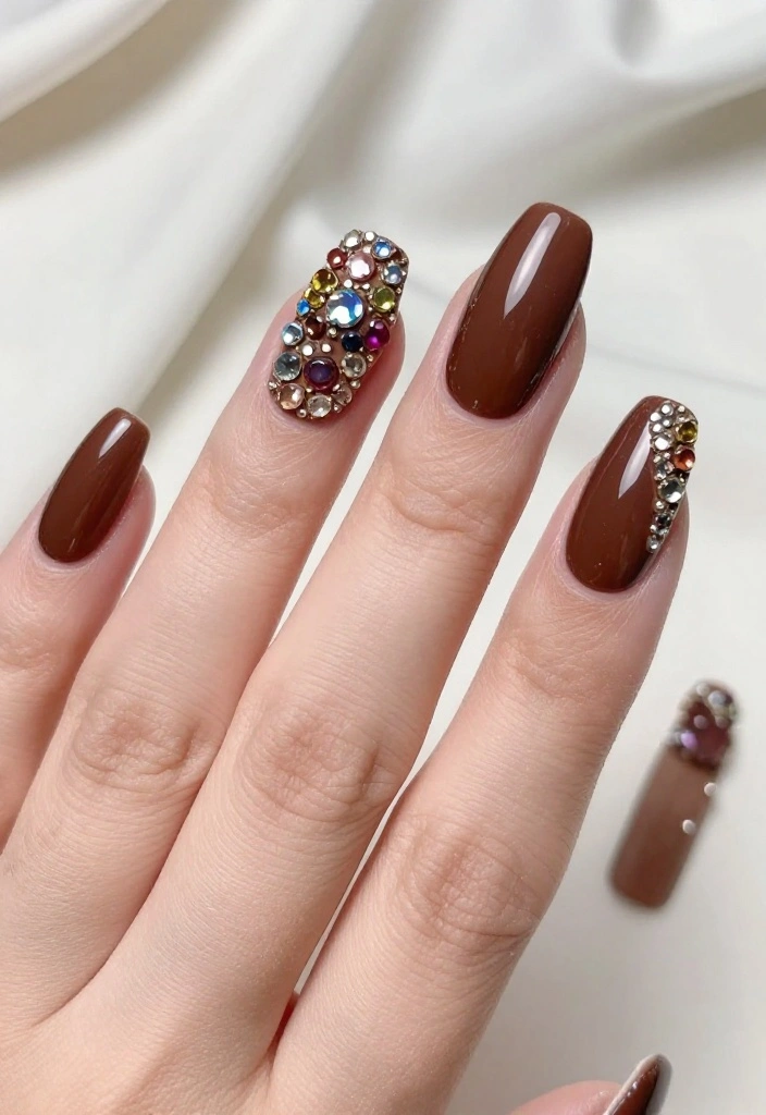 21 Stunning Chocolate Brown Nail Designs for 2026 That Will Leave You Speechless! - 12. Chocolate Brown with Jewel Accents 1