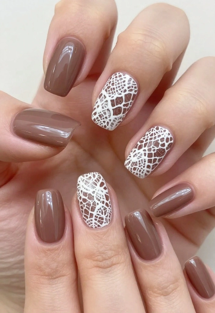 21 Stunning Chocolate Brown Nail Designs for 2026 That Will Leave You Speechless! - 15. Chocolate Brown with Lace Design 1