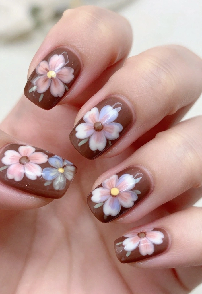 21 Stunning Chocolate Brown Nail Designs for 2026 That Will Leave You Speechless! - 6. Floral Chocolate Brown Nail Art 1