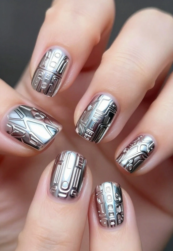 15 Futuristic Nail Designs with Chrome Finishes That Will Turn Heads! - 12. Futuristic Stamping 1
