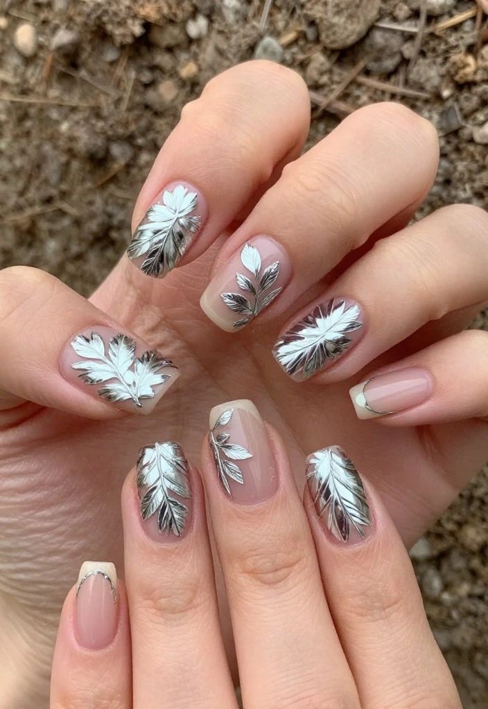 15 Futuristic Nail Designs with Chrome Finishes That Will Turn Heads! - 15. Chrome Leaf Accents 1