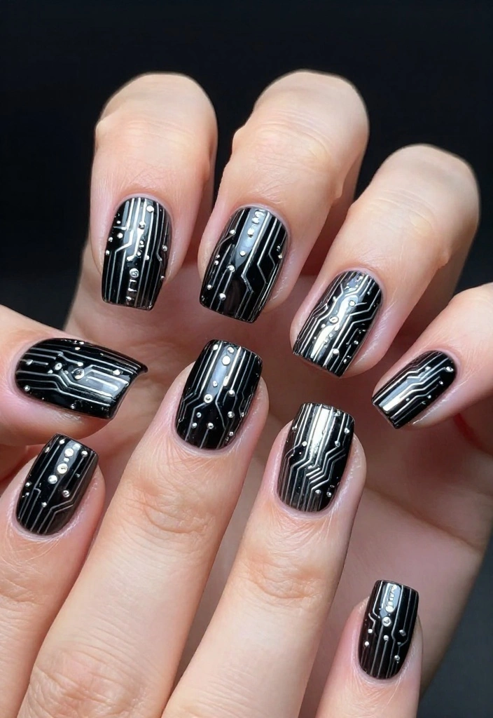 15 Futuristic Nail Designs with Chrome Finishes That Will Turn Heads! - 6. Cyber Circuit Patterns 1