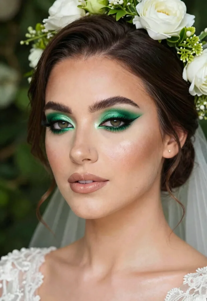 19 Bold Spring Bride Makeup Looks That Will Turn Heads (Warning: #6 Is Not for the Shy!) - 11. Emerald Green Accents 1