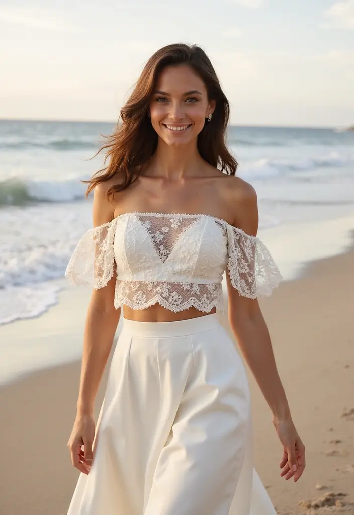 20 Dreamy Beach Wedding Dresses That Are Perfect for Sandy Toes and Ocean Breezes! - 20. Chic Two-Piece Set 1
