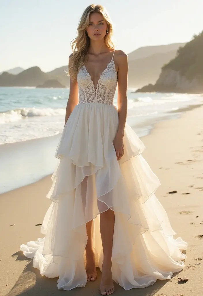 20 Dreamy Beach Wedding Dresses That Are Perfect for Sandy Toes and Ocean Breezes! - 7. Tiered Ruffle Dress 1