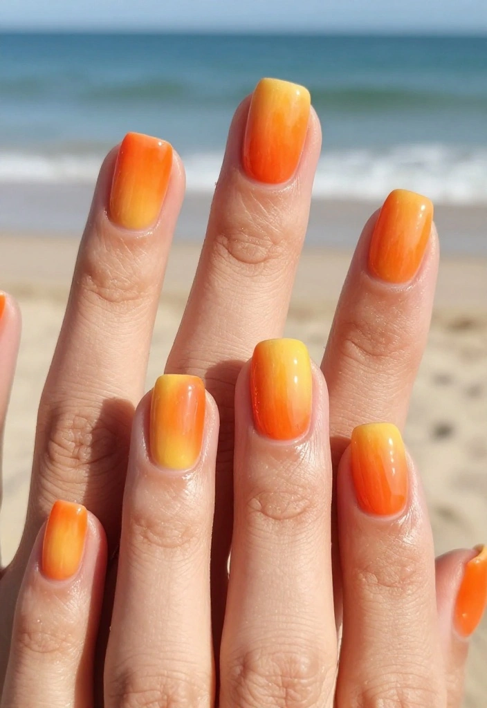 21 Aura Nails Color Inspirations that Will Leave You Breathless (Especially #14!) - 16. Fiery Sunset Orange 1