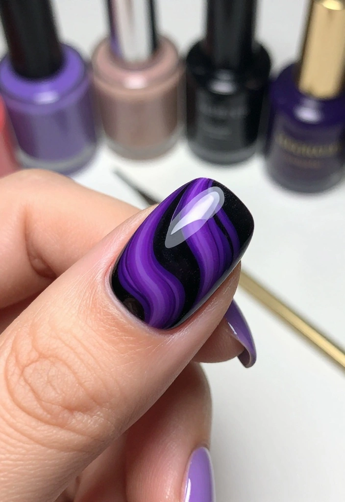 17 Trendy Purple and Black Manicure Ideas to Try Right Now (Number 9 Is a Must!) - 10. Swirling Patterns 1