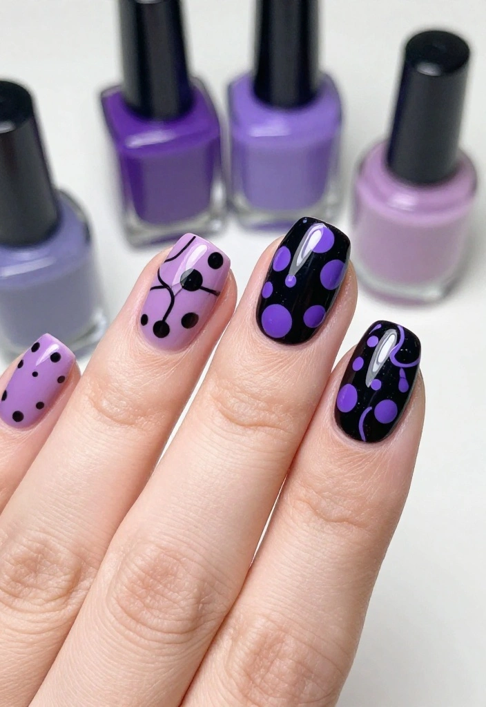 17 Trendy Purple and Black Manicure Ideas to Try Right Now (Number 9 Is a Must!) - 11. Dots and Lines 1