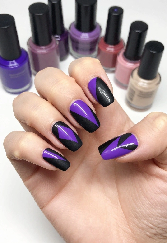 17 Trendy Purple and Black Manicure Ideas to Try Right Now (Number 9 Is a Must!) - 2. Geometric Black and Purple 1
