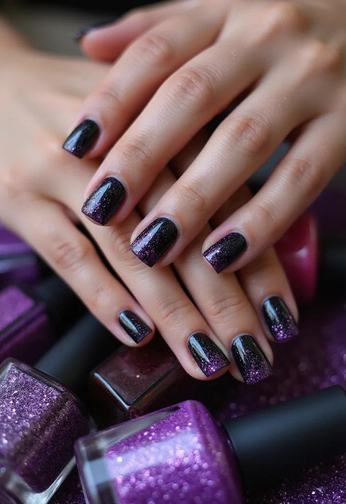 17 Trendy Purple and Black Manicure Ideas to Try Right Now (Number 9 Is a Must!) - 3. Glittery Glam 1