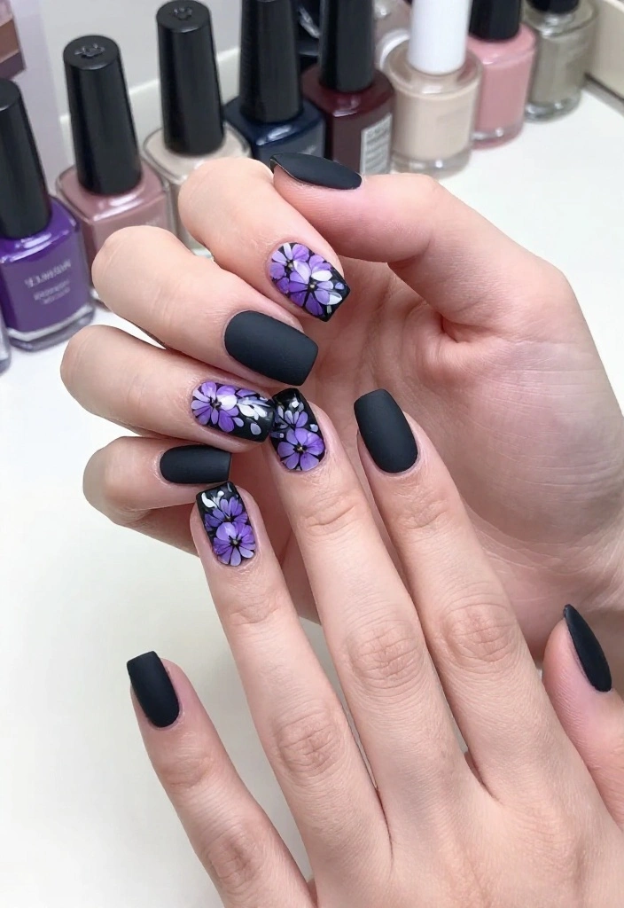 17 Trendy Purple and Black Manicure Ideas to Try Right Now (Number 9 Is a Must!) - 4. Floral Accents 1