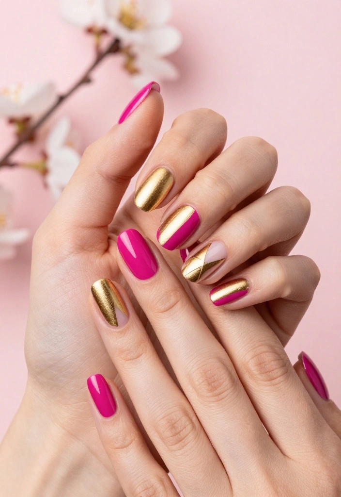 18 Fuchsia and Gold Nail Art Ideas Perfect for Spring Glam! - 10. Color Blocked Perfection 1