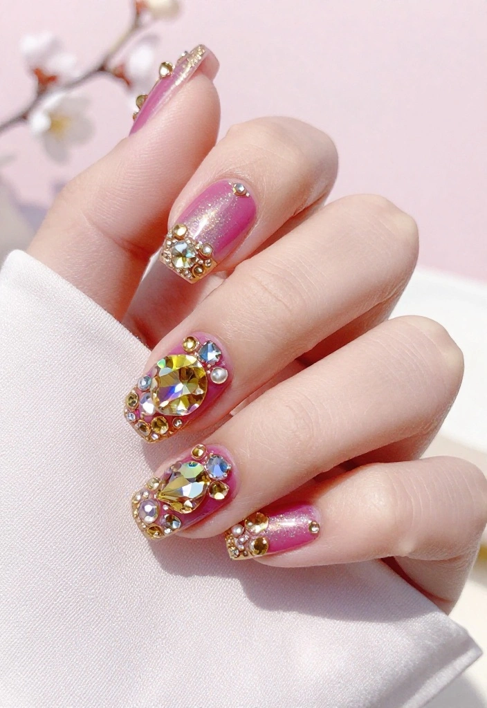 18 Fuchsia and Gold Nail Art Ideas Perfect for Spring Glam! - 14. Bejeweled Fuchsia 1