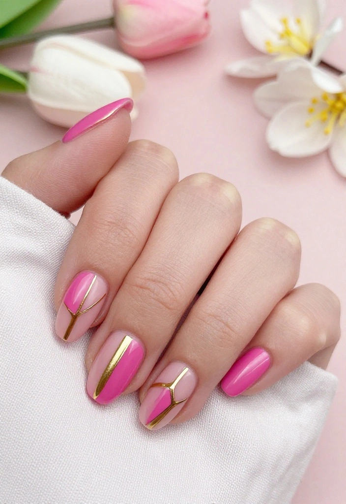 18 Fuchsia and Gold Nail Art Ideas Perfect for Spring Glam! - 2. Geometric Glam 1