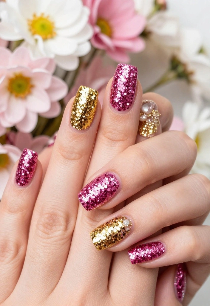 18 Fuchsia and Gold Nail Art Ideas Perfect for Spring Glam! - 4. Dazzling Glitter 1