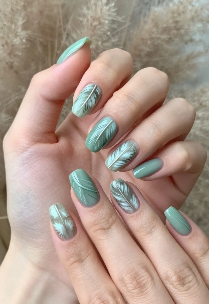 18 Jaw-Dropping Jade and Sage Nail Art Ideas That Are Pure Magic (#6 Will Blow Your Mind!) - 14. Boho Feathers 1