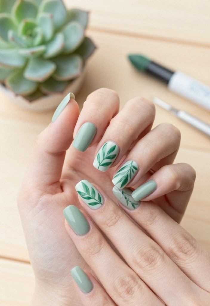 18 Jaw-Dropping Jade and Sage Nail Art Ideas That Are Pure Magic (#6 Will Blow Your Mind!) - 2. Leafy Accents 1