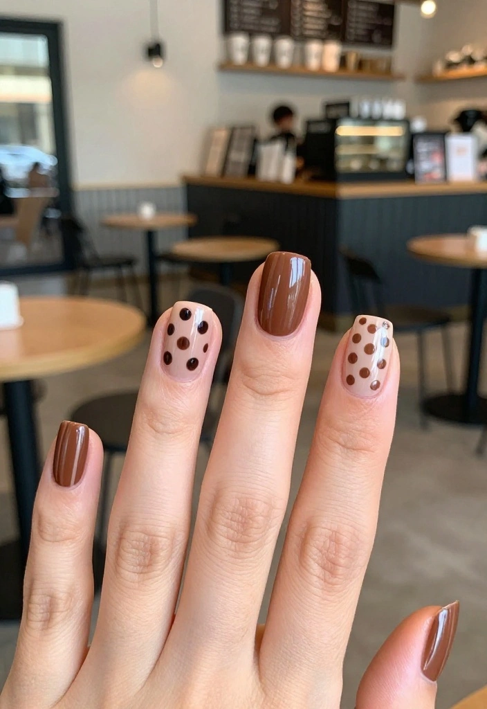 18 Latte Tones Nail Designs That Are Perfect for Any Coffee Lover (Wait Until You See #10!) - 11. Mocha Dots and Stripes 1