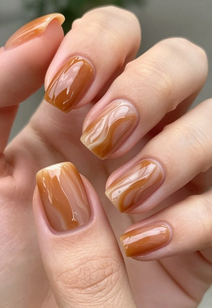 18 Latte Tones Nail Designs That Are Perfect for Any Coffee Lover (Wait Until You See #10!) - 14. Caramel Wave with Glossy Finish 1
