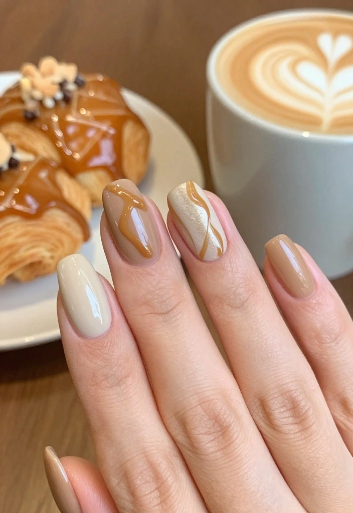 18 Latte Tones Nail Designs That Are Perfect for Any Coffee Lover (Wait Until You See #10!) - 2. Caramel Drizzle Nails 1