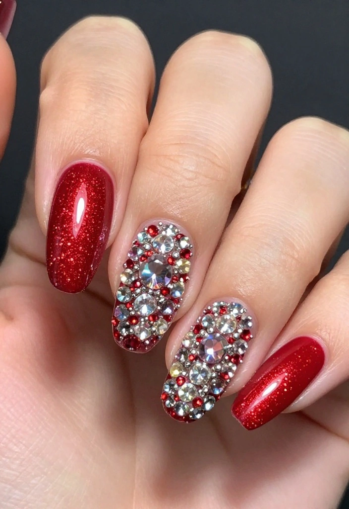 19 Creative Silver and Red Almond Nails That Will Inspire Your Next Mani! - 14. Layered Rhinestones 1
