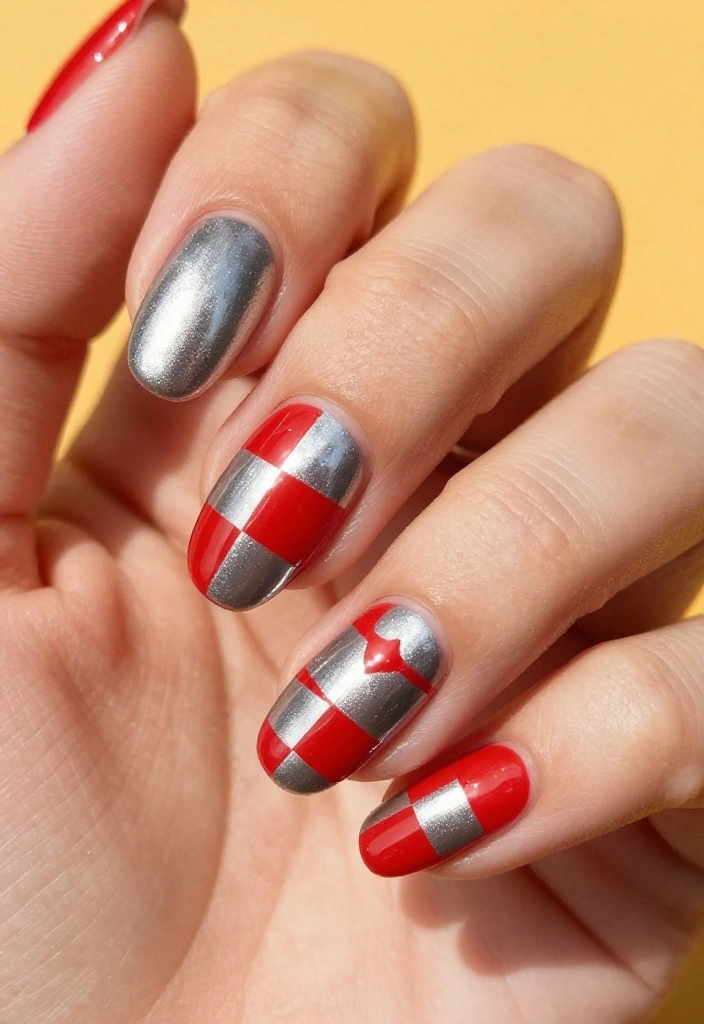 19 Creative Silver and Red Almond Nails That Will Inspire Your Next Mani! - 16. Retro Checkerboard 1