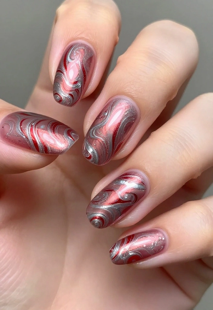 19 Creative Silver and Red Almond Nails That Will Inspire Your Next Mani! - 18. Metallic Marble Effect 1