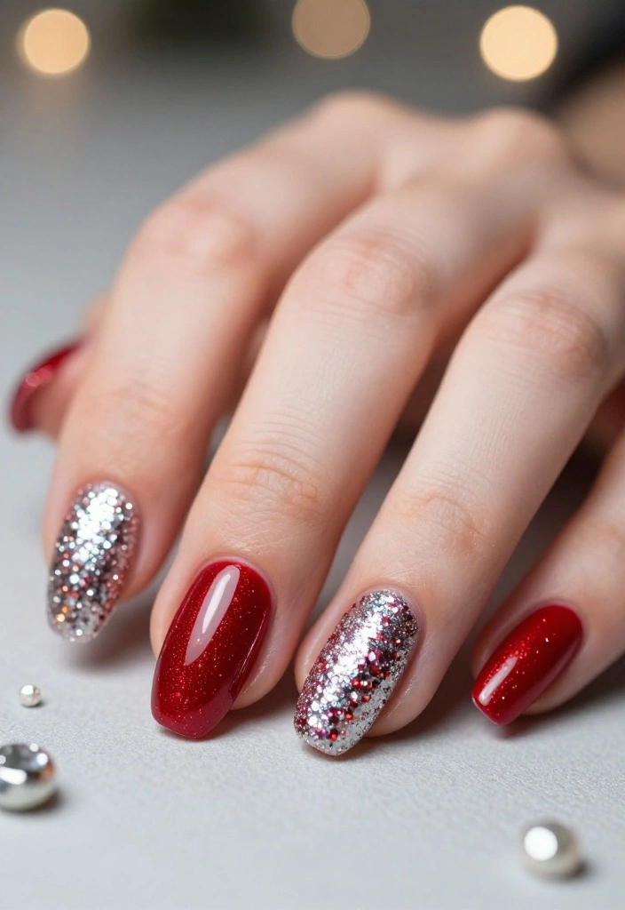 19 Creative Silver and Red Almond Nails That Will Inspire Your Next Mani! - 2. Silver Glitter Tips with Red Base 1