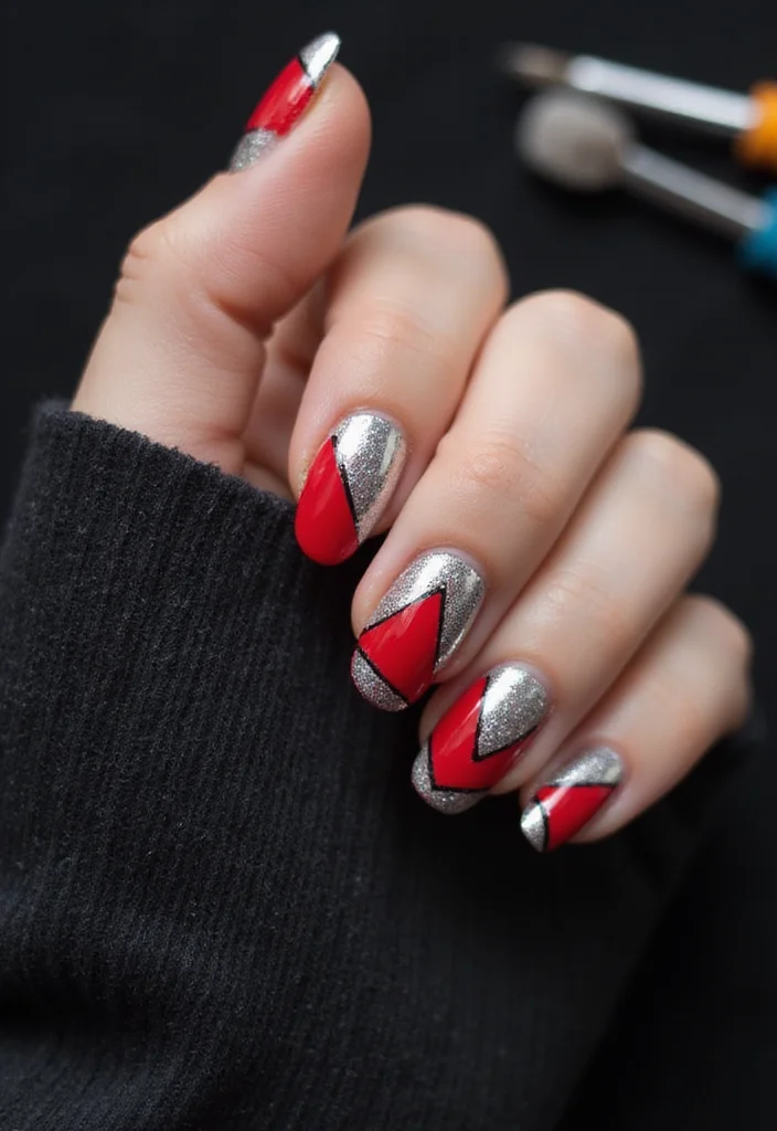 19 Creative Silver and Red Almond Nails That Will Inspire Your Next Mani! - 4. Geometric Patterns 1
