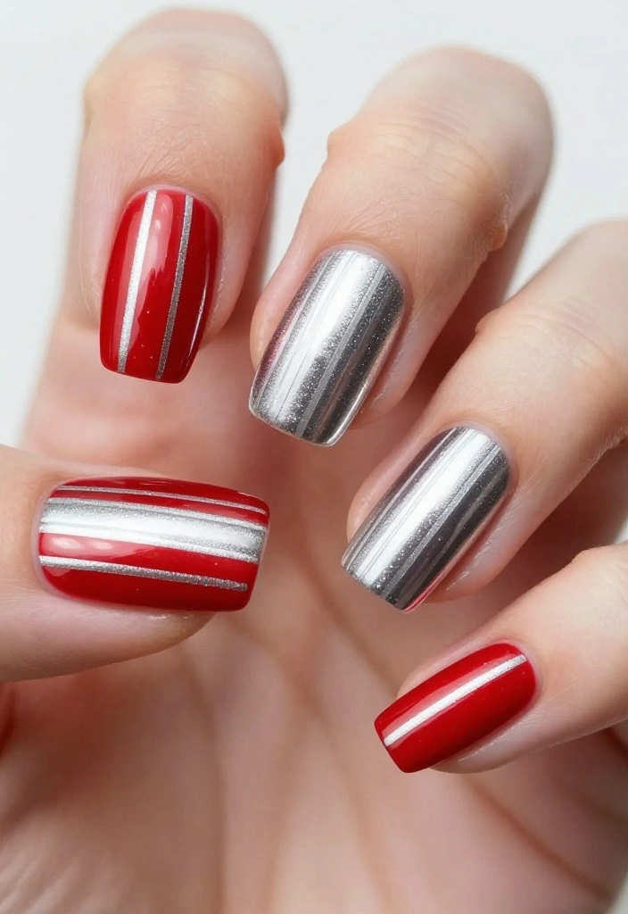 19 Creative Silver and Red Almond Nails That Will Inspire Your Next Mani! - 6. Striped Delight 1