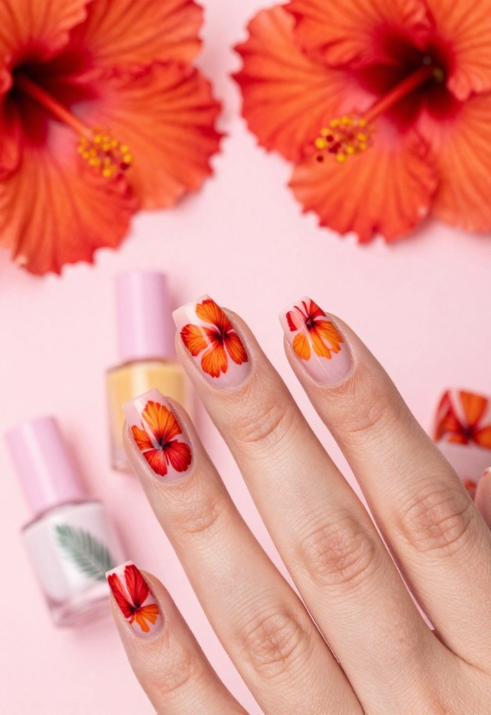 20 Stunning Summer Nails with Floral Patterns That Will Make You the Center of Attention! - 1. Tropical Hibiscus Delight 1