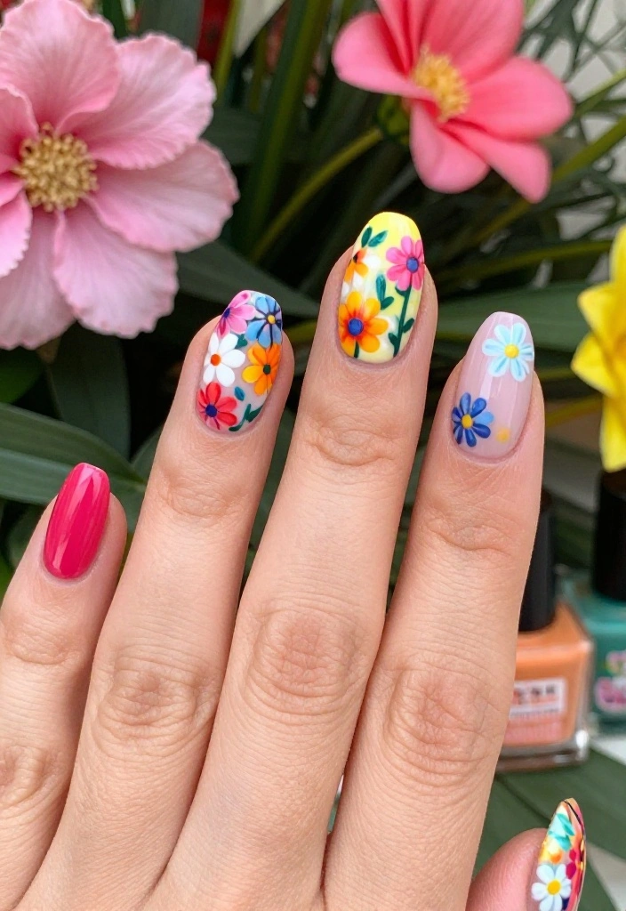 20 Stunning Summer Nails with Floral Patterns That Will Make You the Center of Attention! - 11. Colorful Bouquets 1