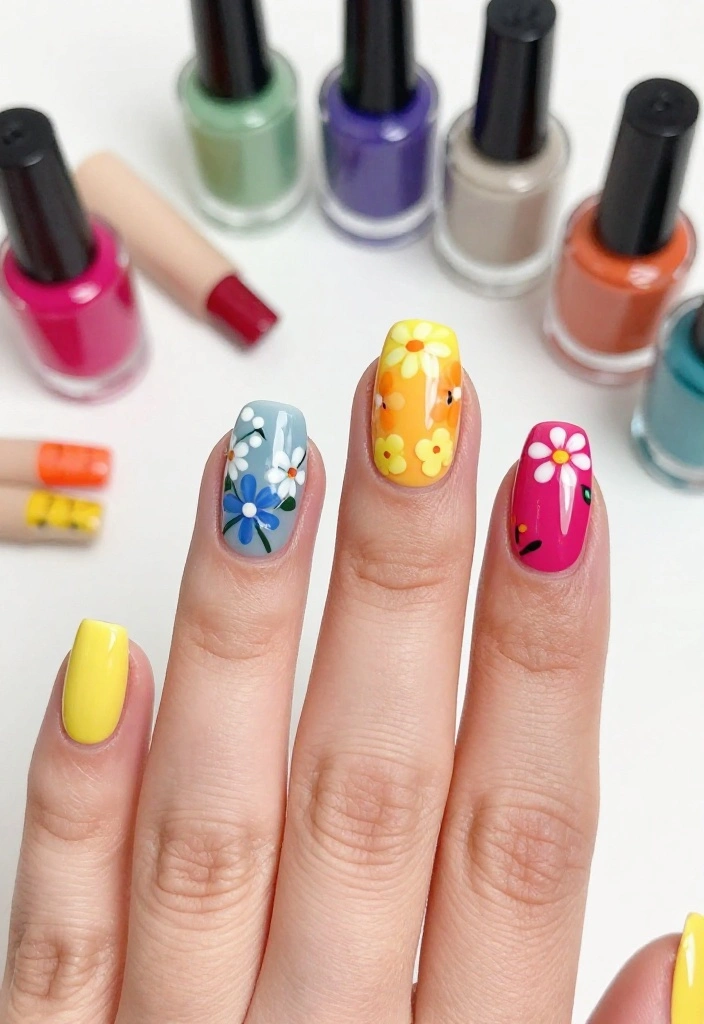 20 Stunning Summer Nails with Floral Patterns That Will Make You the Center of Attention! - 15. Bright Floral Nail Wraps 1