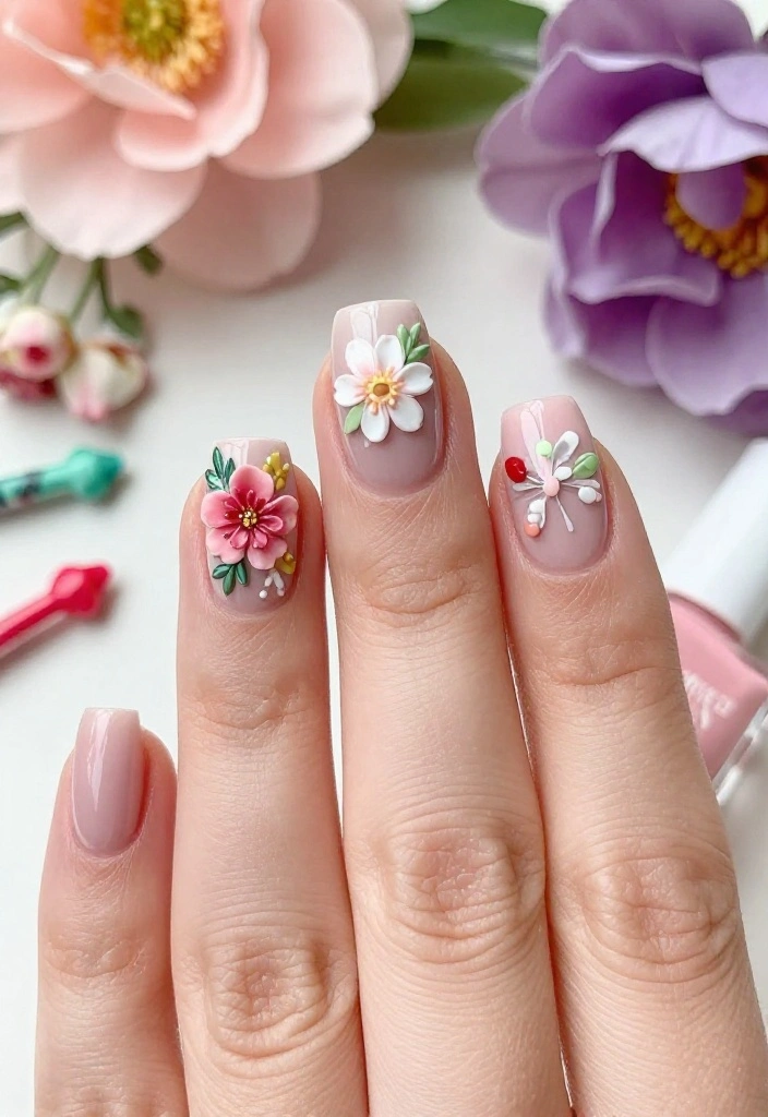 20 Stunning Summer Nails with Floral Patterns That Will Make You the Center of Attention! - 16. 3D Floral Accents 1
