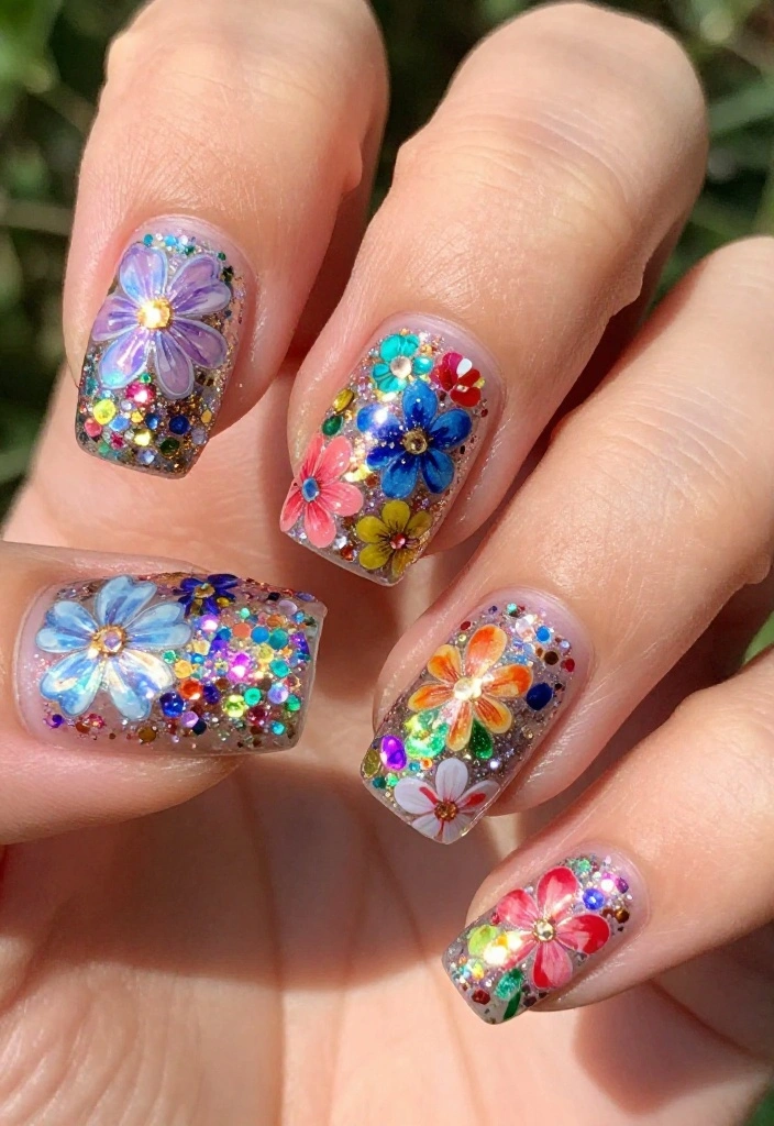 20 Stunning Summer Nails with Floral Patterns That Will Make You the Center of Attention! - 17. Floral Glitter Glam 1