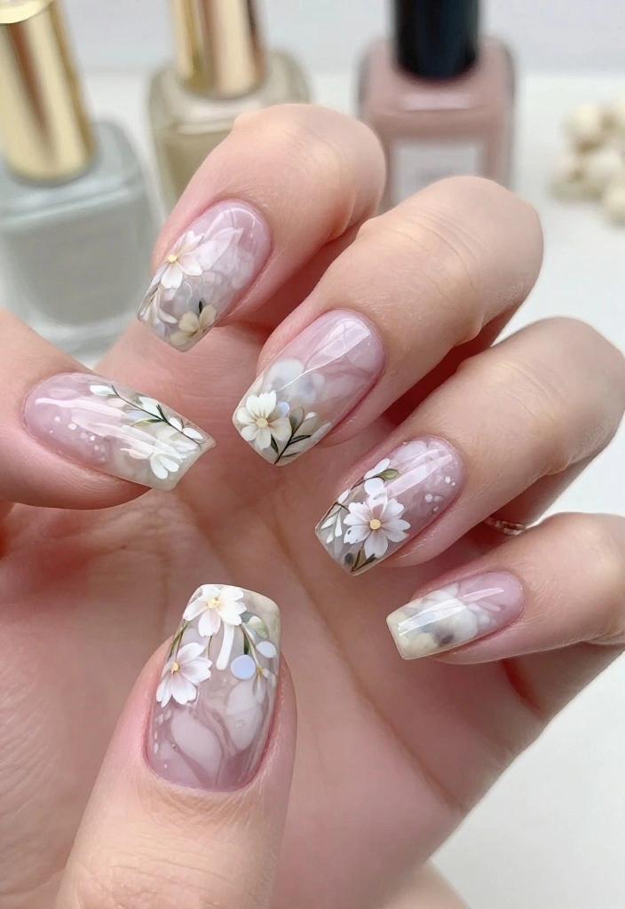 20 Stunning Summer Nails with Floral Patterns That Will Make You the Center of Attention! - 18. Floral Marble Mix 1