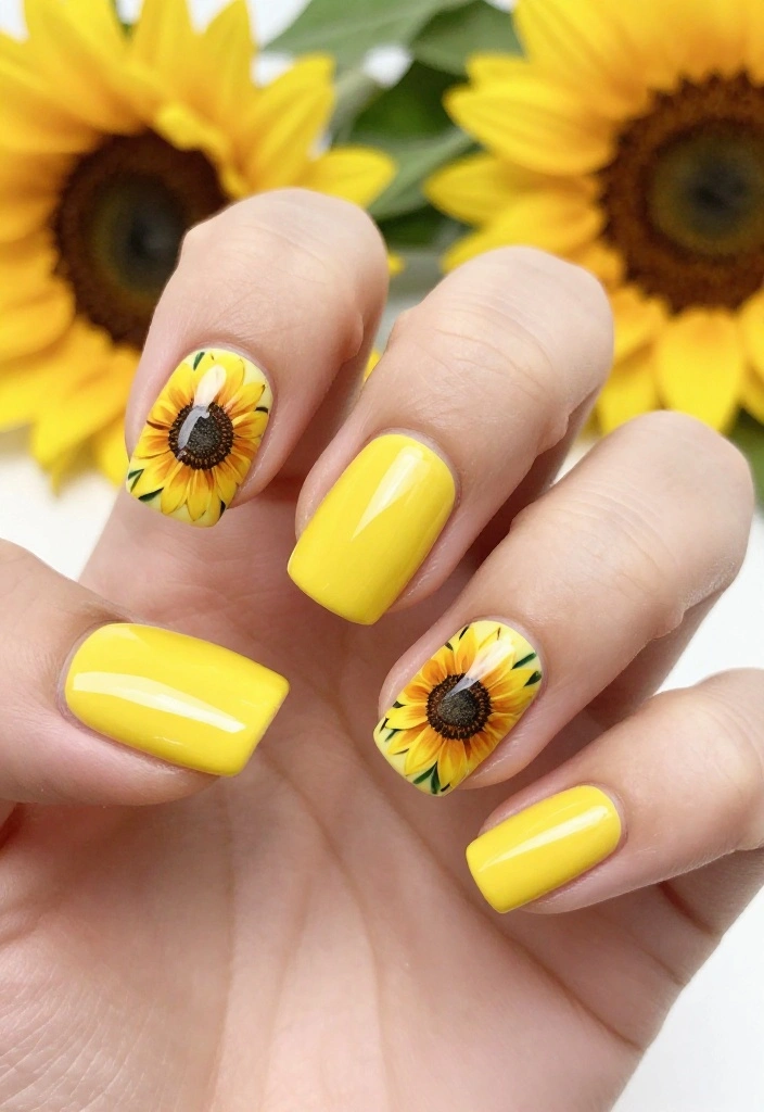 20 Stunning Summer Nails with Floral Patterns That Will Make You the Center of Attention! - 3. Bold Sunflower Statements 1