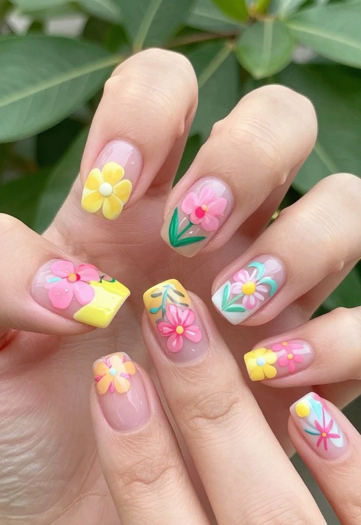 20 Stunning Summer Nails with Floral Patterns That Will Make You the Center of Attention! - 6. Fun Floral Accents 1