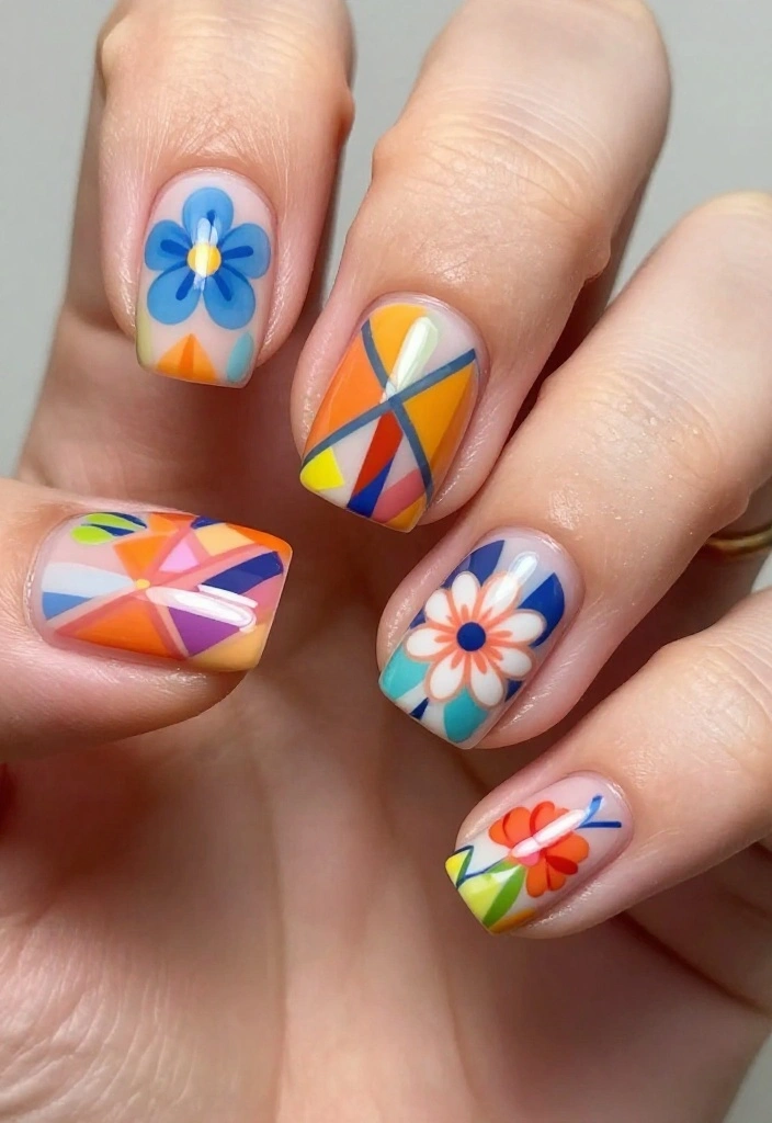 20 Stunning Summer Nails with Floral Patterns That Will Make You the Center of Attention! - 8. Geometric Floral Fusion 1
