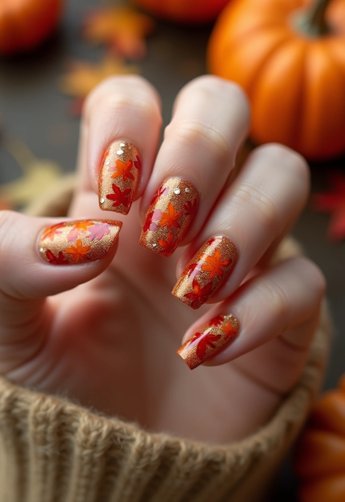 21 Stunning Fall Wedding Nail Ideas That Will Leave You Breathless (Don't Miss #15!) - 15. Shimmering Maple Leaves (Don't Miss This!) 1