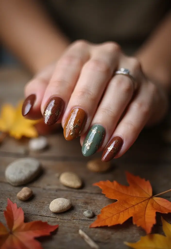 21 Stunning Fall Wedding Nail Ideas That Will Leave You Breathless (Don't Miss #15!) - 3. Earthy Tones with Leaf Accents 1