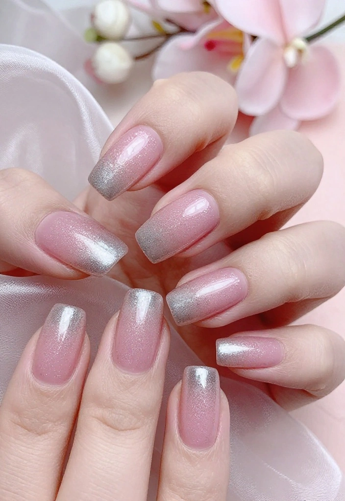 14 Chic Baby Pink Chrome Wedding Nail Ideas to Elevate Your Bridal Look! - 7. Elegant Glitter Fade 1