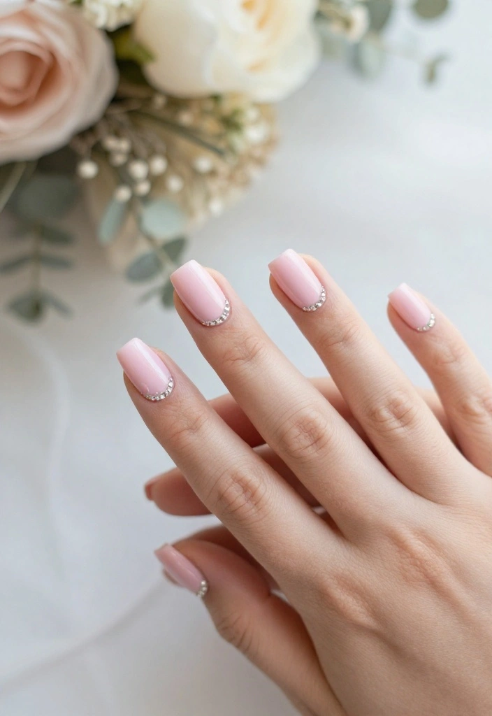 14 Chic Baby Pink Chrome Wedding Nail Ideas to Elevate Your Bridal Look! - 8. Crystal-Clear Accents 1