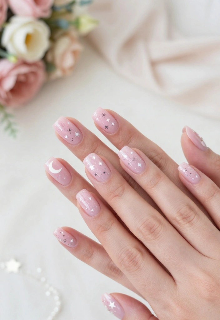 14 Chic Baby Pink Chrome Wedding Nail Ideas to Elevate Your Bridal Look! - 9. Starry Night Inspiration 1
