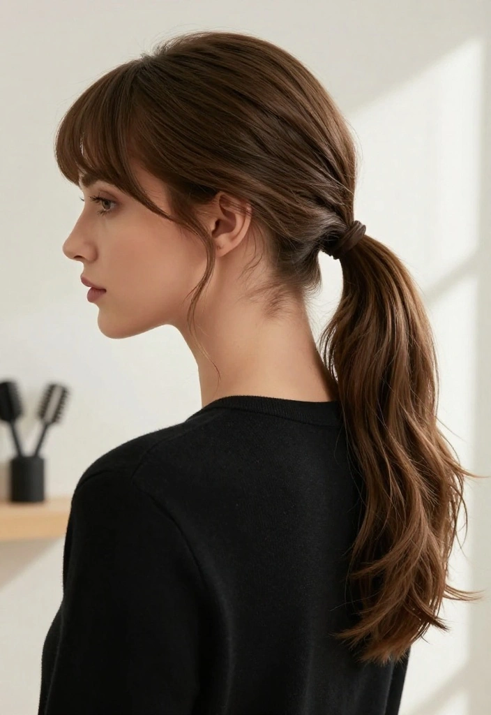 15 Must-Try Curtain Bang Haircuts for the Ultimate Style Upgrade! - 12. Curtain Bangs with a Classic Ponytail 1