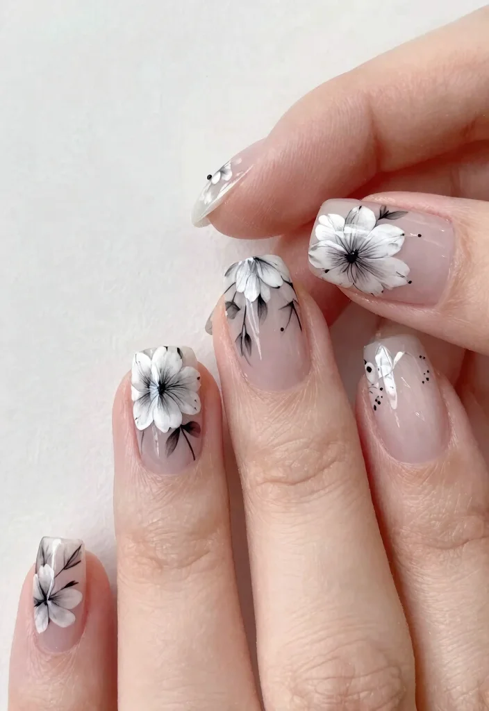 18 Floral Nail Art Designs That Are So Cute, You'll Want to Try Them All (#10 is Adorable!) - 11. Elegant Monochrome Petals 1