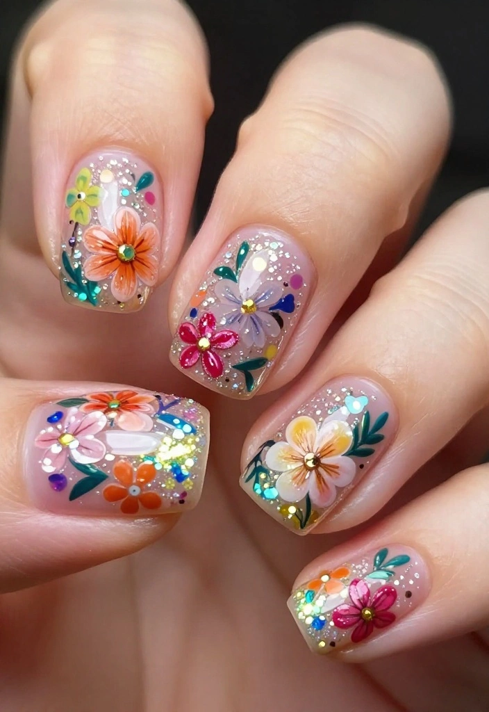 18 Floral Nail Art Designs That Are So Cute, You'll Want to Try Them All (#10 is Adorable!) - 18. Festive Floral Glitter 1