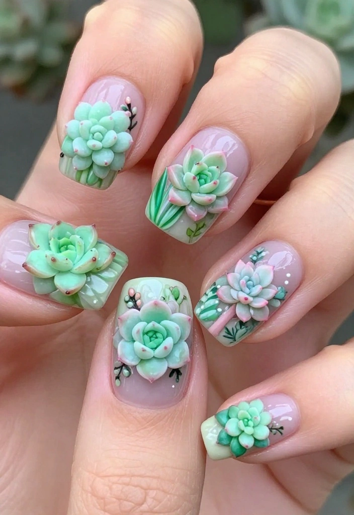 18 Floral Nail Art Designs That Are So Cute, You'll Want to Try Them All (#10 is Adorable!) - 9. Stunning Succulent Garden 1