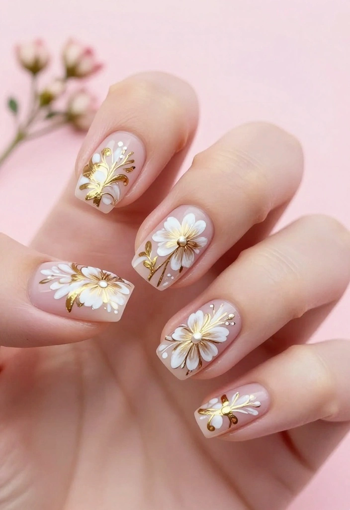 18 Gold and Pink Nail Trends You Can't Miss This Season (Wait Until You See #6!) - 4. Floral Fusion 1
